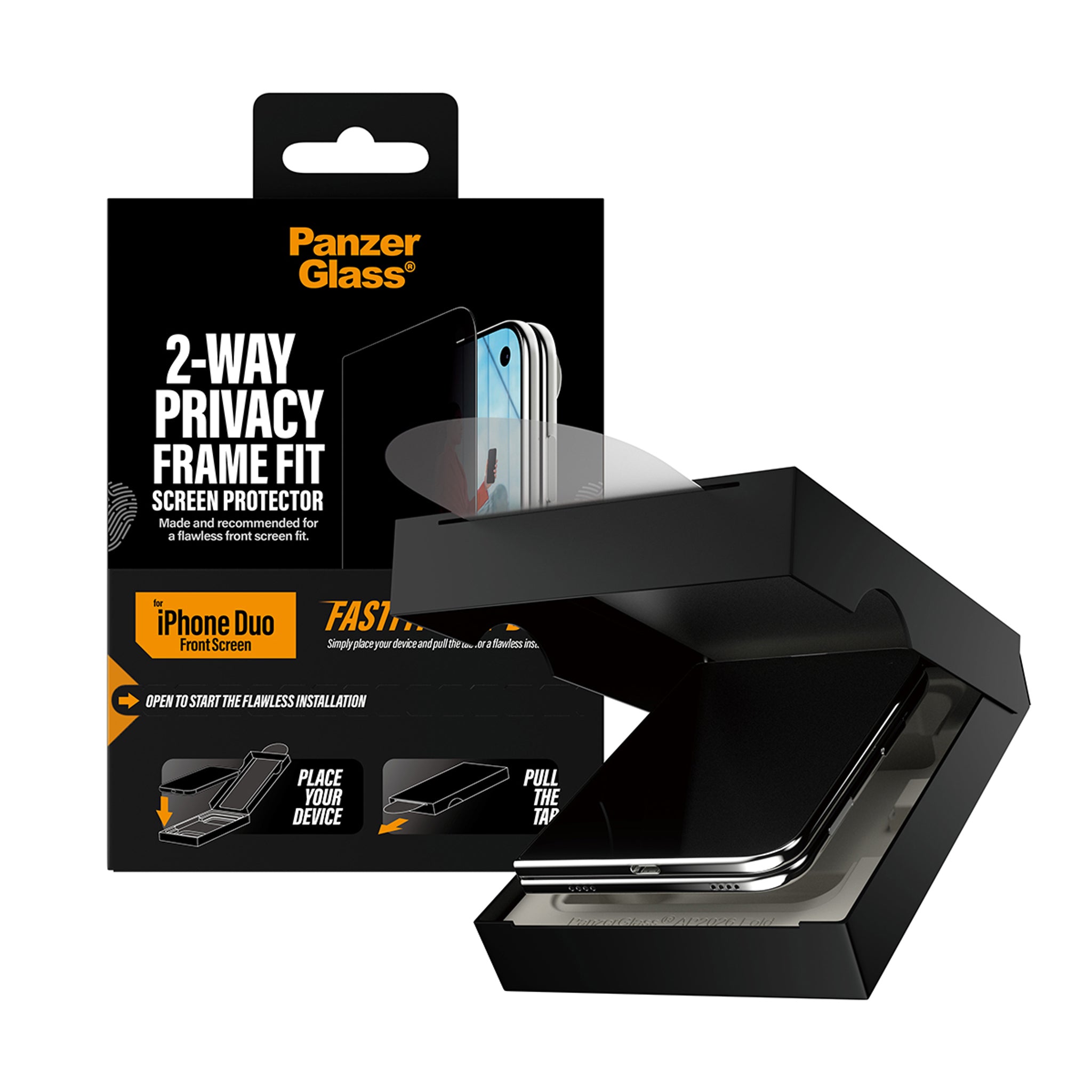 PanzerGlass® 2-Way Privacy Außendisplay Displayschutz iPhone Duo | FRAME FIT m. FASTFIT IN-A-BOX